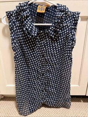 Tory Burch Navy Sleeveless Ruffle-Collar Camisole with White Dot Print